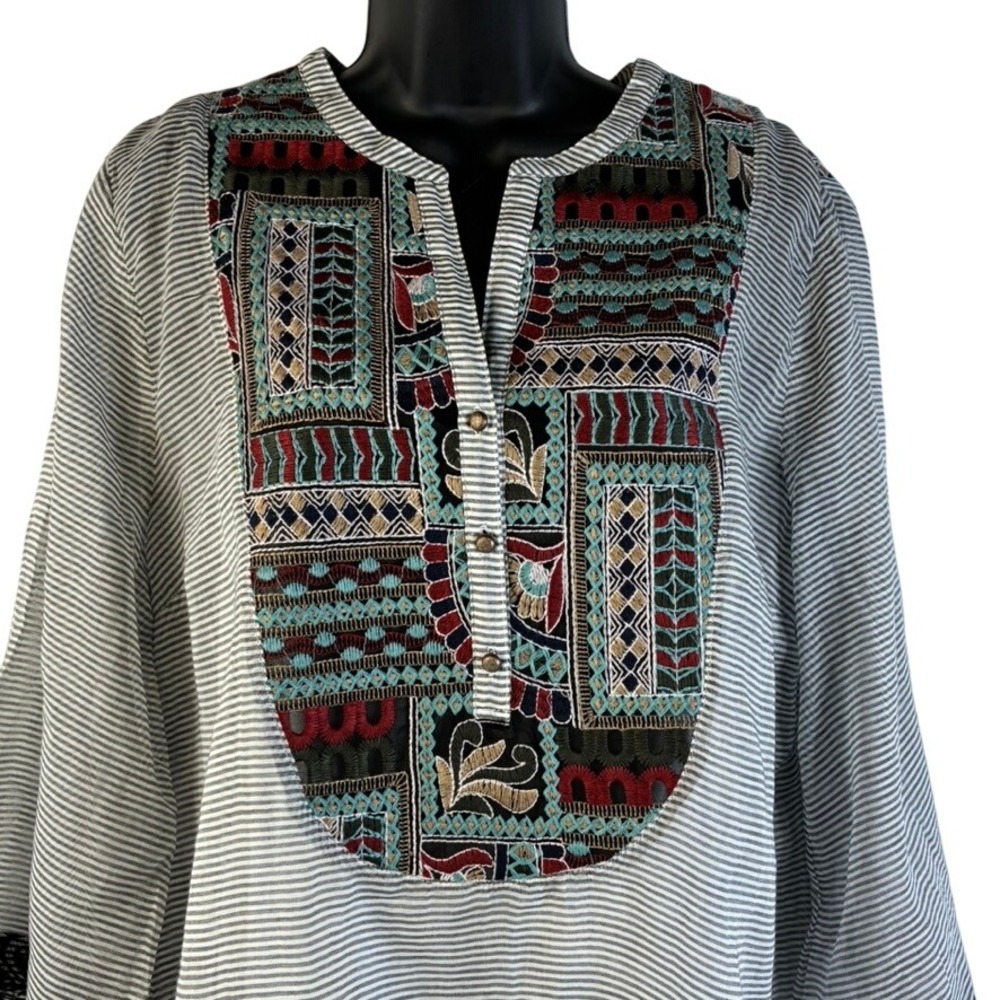 Soft Surroundings‎ XL Striped Embroidered Boho Tunic Top with Cami Gray White